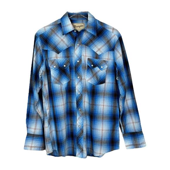 Wrangler Men's Blue Plaid Pearl Snap Button Western Shirt Medium Long Sleeve - Picture 1 of 5